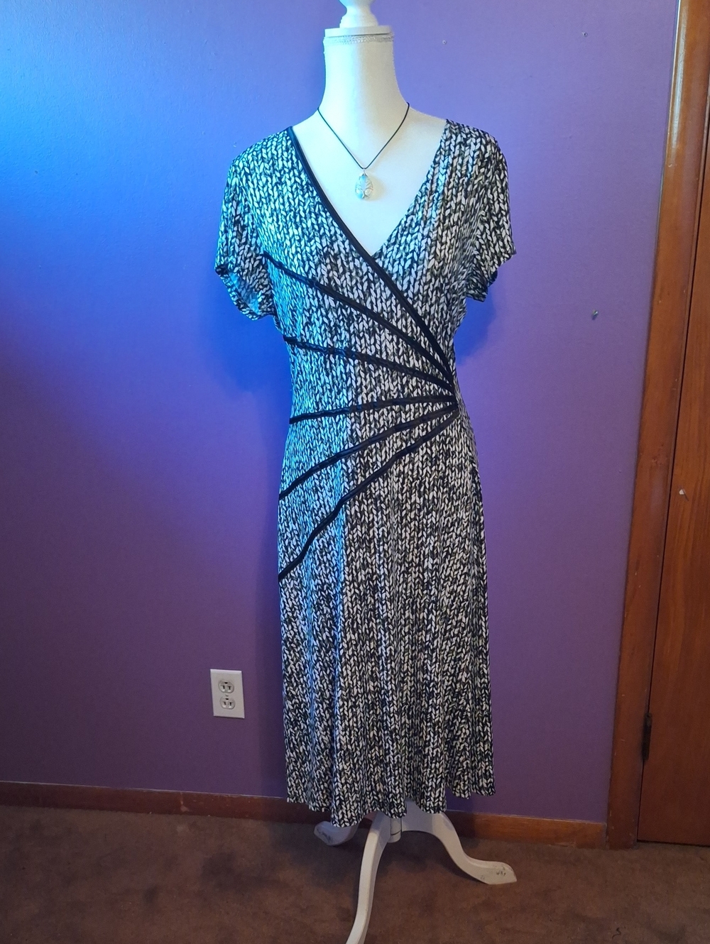 Connected Apparel Black and White Faux-Wrap Midi Dress with Contrast Trim